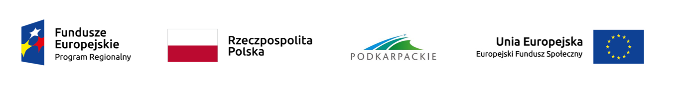 Logotypy: Fundusze Europejskie Program Regionalny, flaga Rzeczpospolitej Polskiej, Urząd Wojewódzki województwa podkarpackiego, Unia Europejska Europejski Fundusz Społeczny