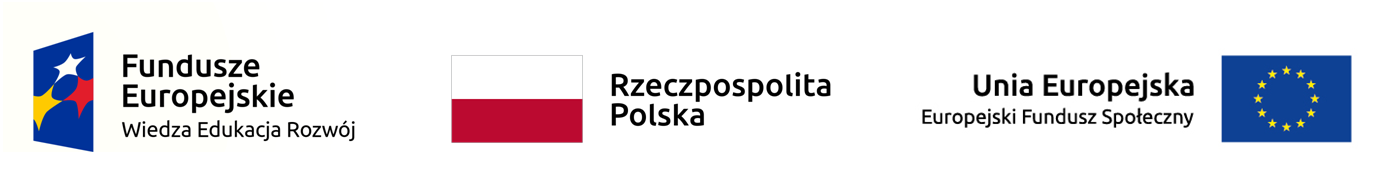 logotypy: Fundusze Europejskie Wiedza Edukacja Rozwój, Flaga Rzeczypospolitej Polskiej, Unia Europejska Europejski Fundusz Społeczny