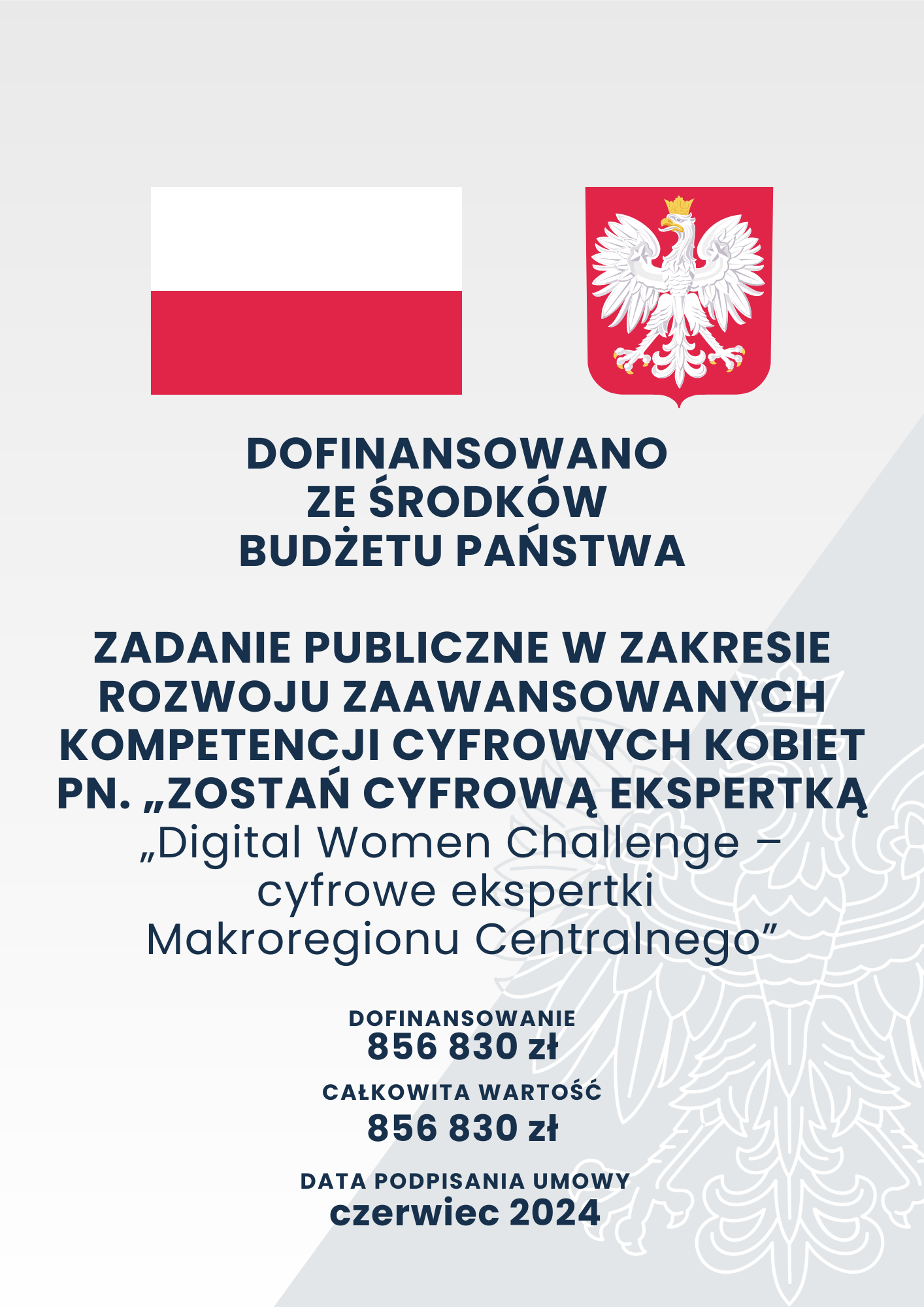 Plakat Projektu Digital Women informujący o dofinansowaniu ze środków Budżetu Państwa