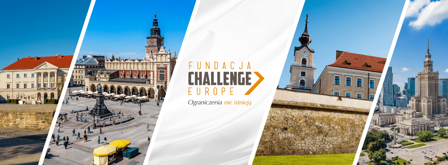 Baner przedstawiający 4 miasta: Kielce, Kraków, Rzeszów i Warszawa oraz logo Fundacji Challenge Europe