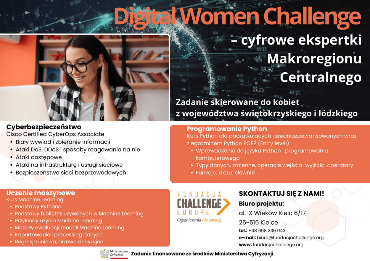 Plakat projektu Digital Women Challenge przedstawiający młodą kobietę w okularach patrzącą w komputer.