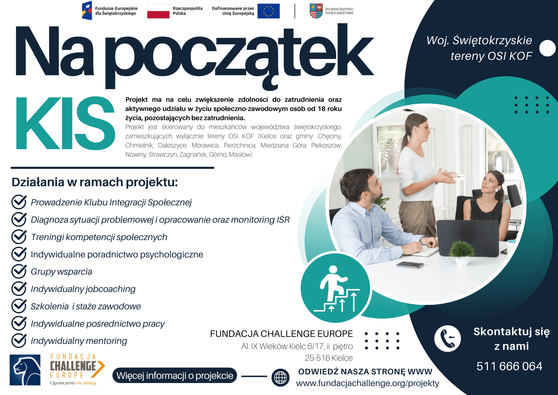 Plakat Projektu Na początek KIS przedstawiający trzy młode osoby podczas szkolenia.