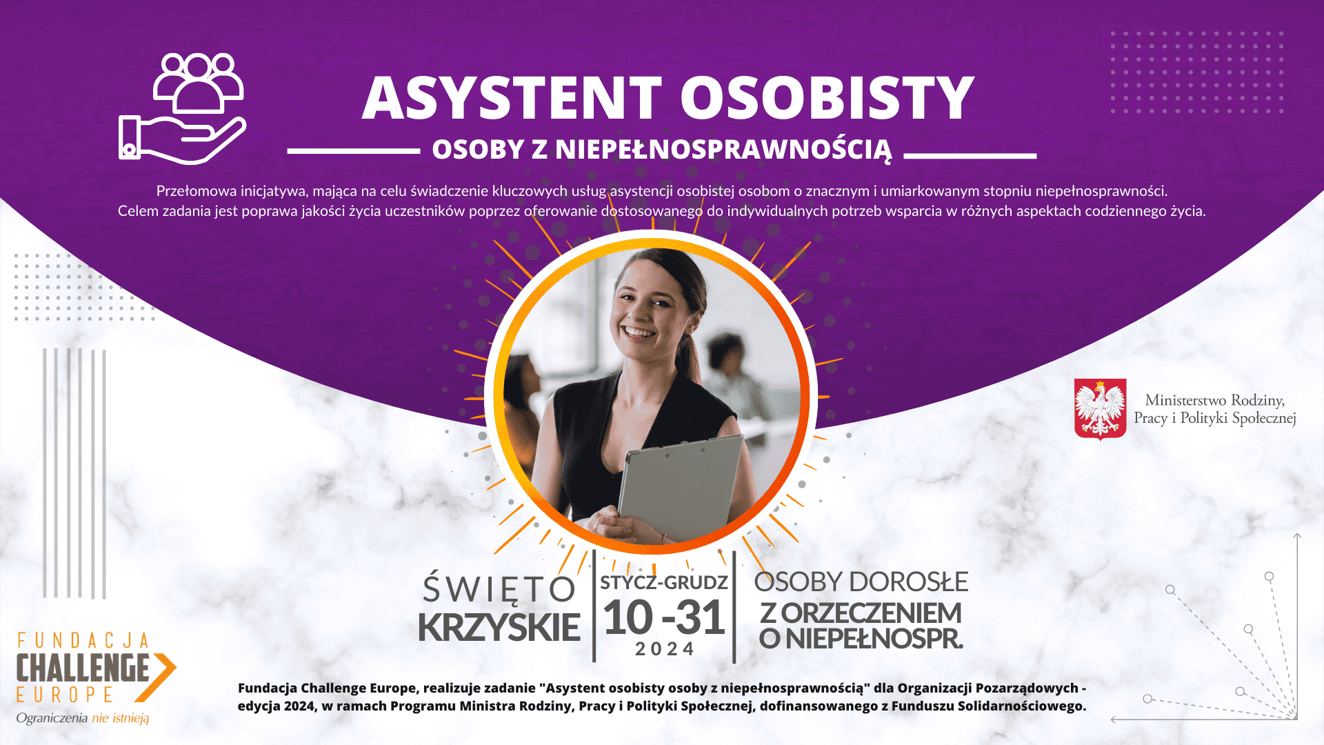 Plakat projektu Asystent osobisty przedstawiający kobietę uśmiechniętą w eleganckim uniformie