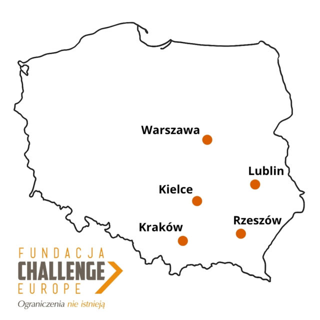 Mapa Polski z zaznaczonymi pięcioma miastami w których znajdują się lokale Fundacji - Kielce, Kraków, Lublin, Rzeszów i Warszawa. Kliknij aby powiększyć zdjęcie.