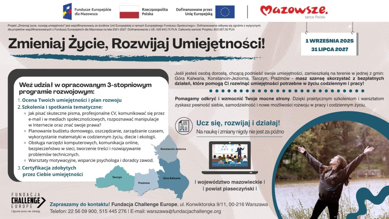 Plakat projektu "Zmieniaj życie, rozwijaj umiejętności!". Kliknij aby powiększyć.