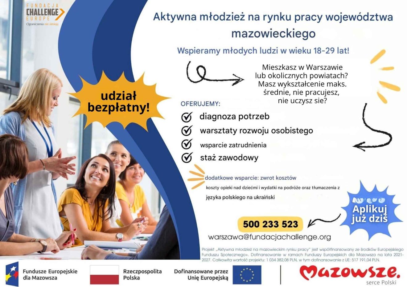 Plakat projektu "Aktywna młodzież na mazowieckim rynku pracy".