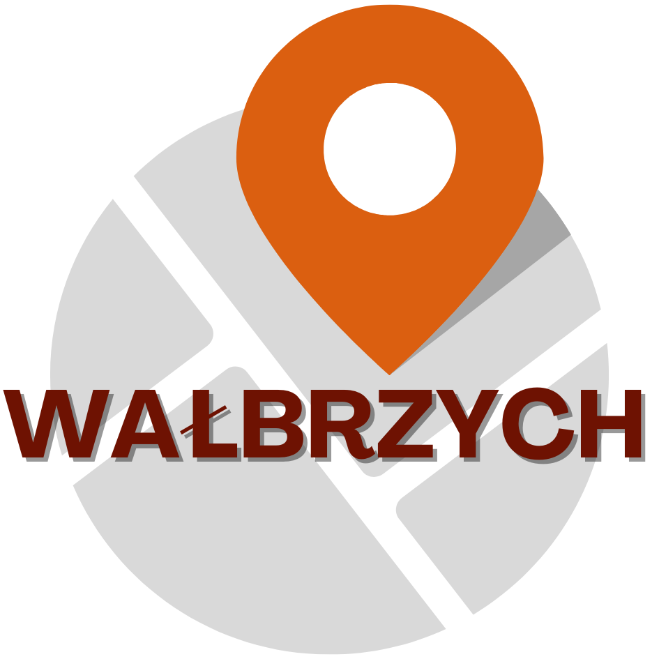 Stylizowana mapa z pinem lokalizacyjnym w kolorze pomarańczowym umieszczonym na górze. Pod pinem znajduje się napis "WAŁBRZYCH".