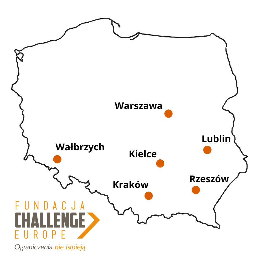 Mapa Polski z zaznaczonymi oddziałami Fundacji Challenge: Kielce, Kraków, Lublin, Rzeszów, Wałbrzych, Warszawa.