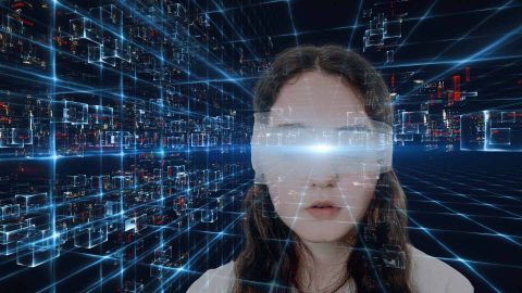 niewidoma dziewczynka na tle cyber-tła