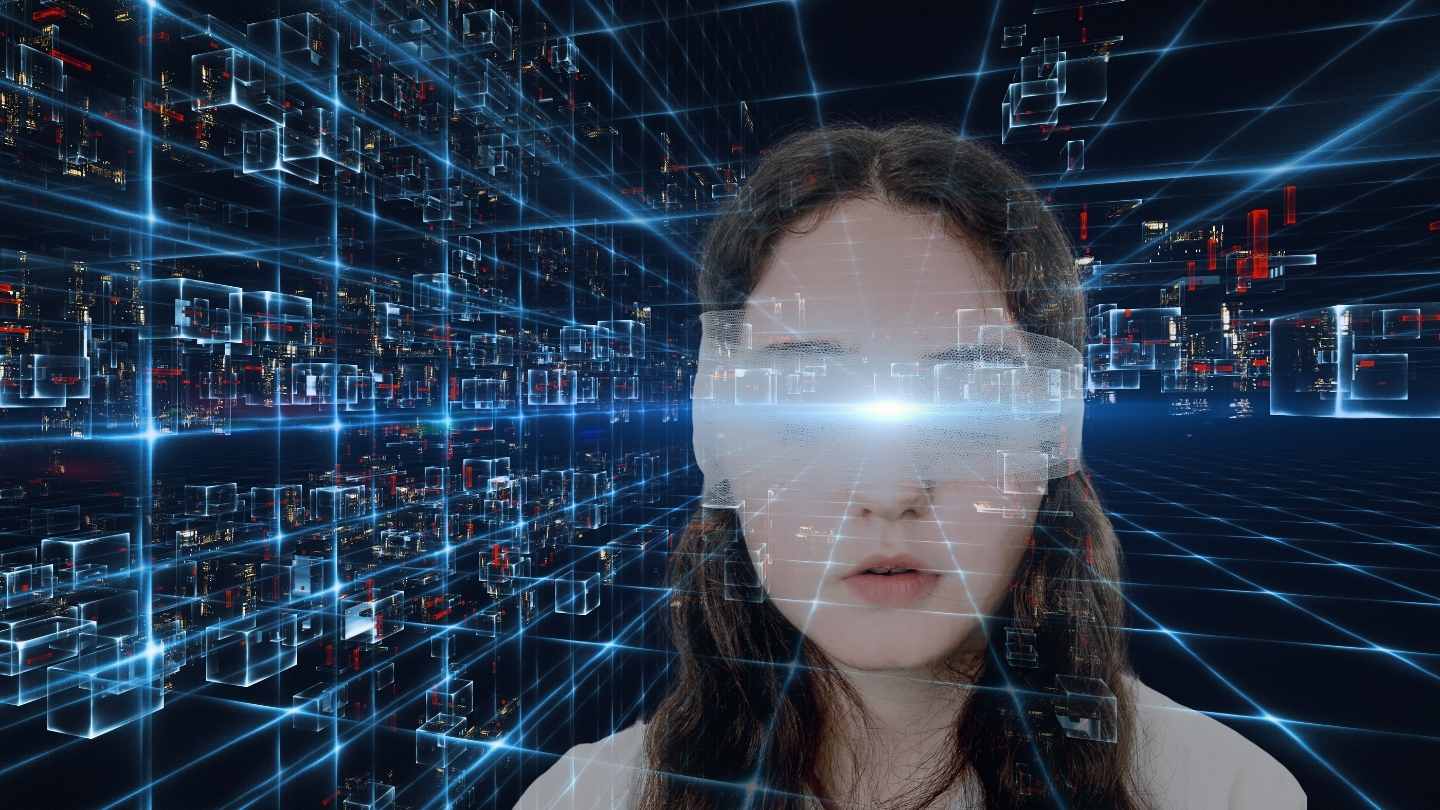 niewidoma dziewczynka na tle cyber-tła